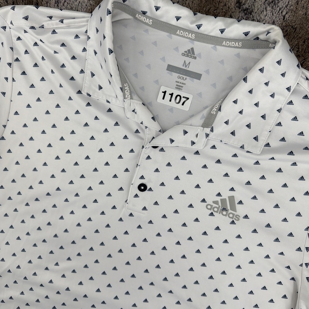 Adidas Adi-Print White w/ Blue Logo Short Sleeve Golf Polo Shirt Men's Sz M AOP